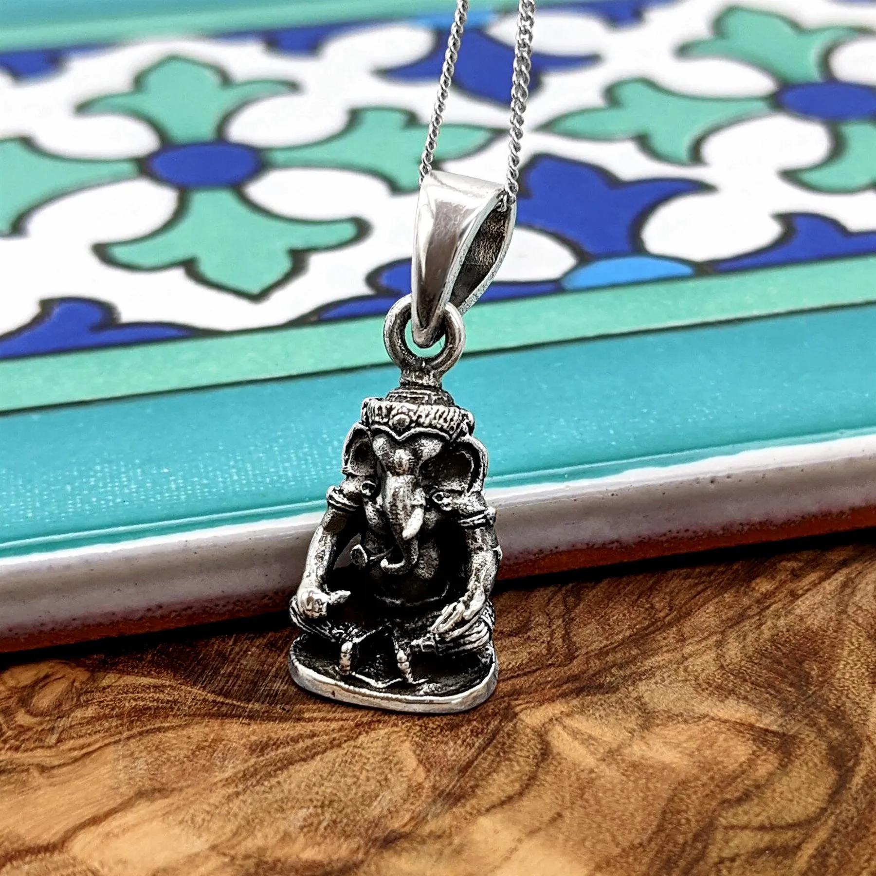 Sterling Silver Seated Ganesh Pendant Necklace - Hindu God Design