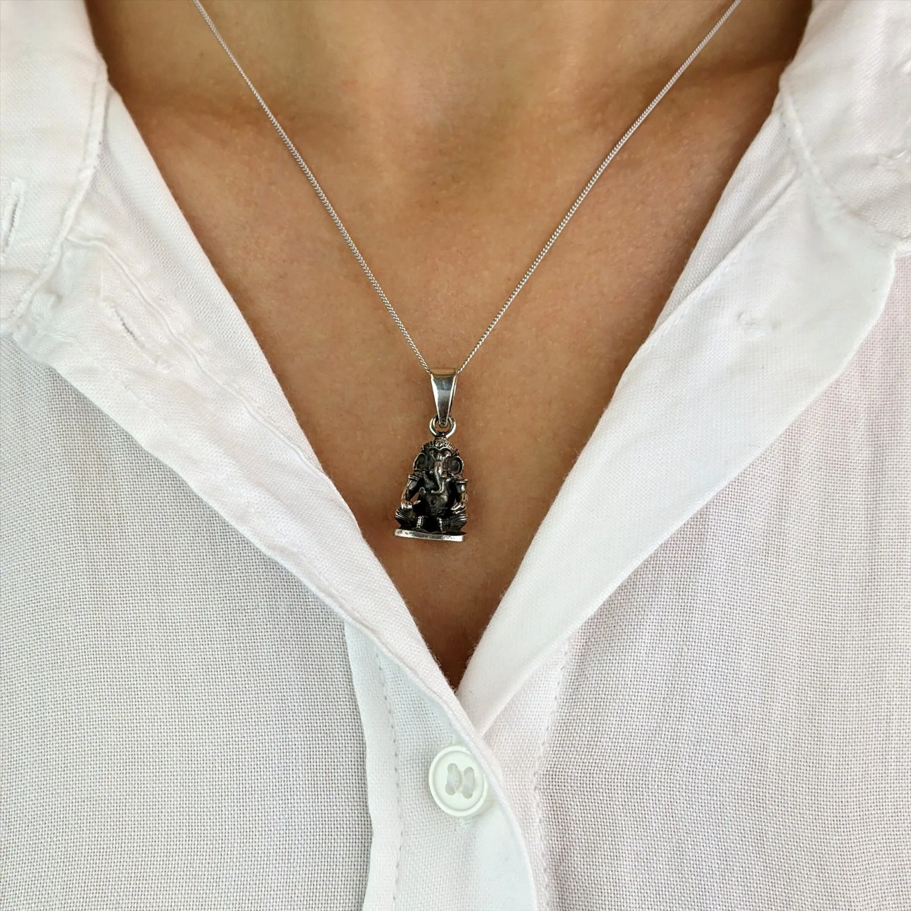 Sterling Silver Seated Ganesh Pendant Necklace - Hindu God Design