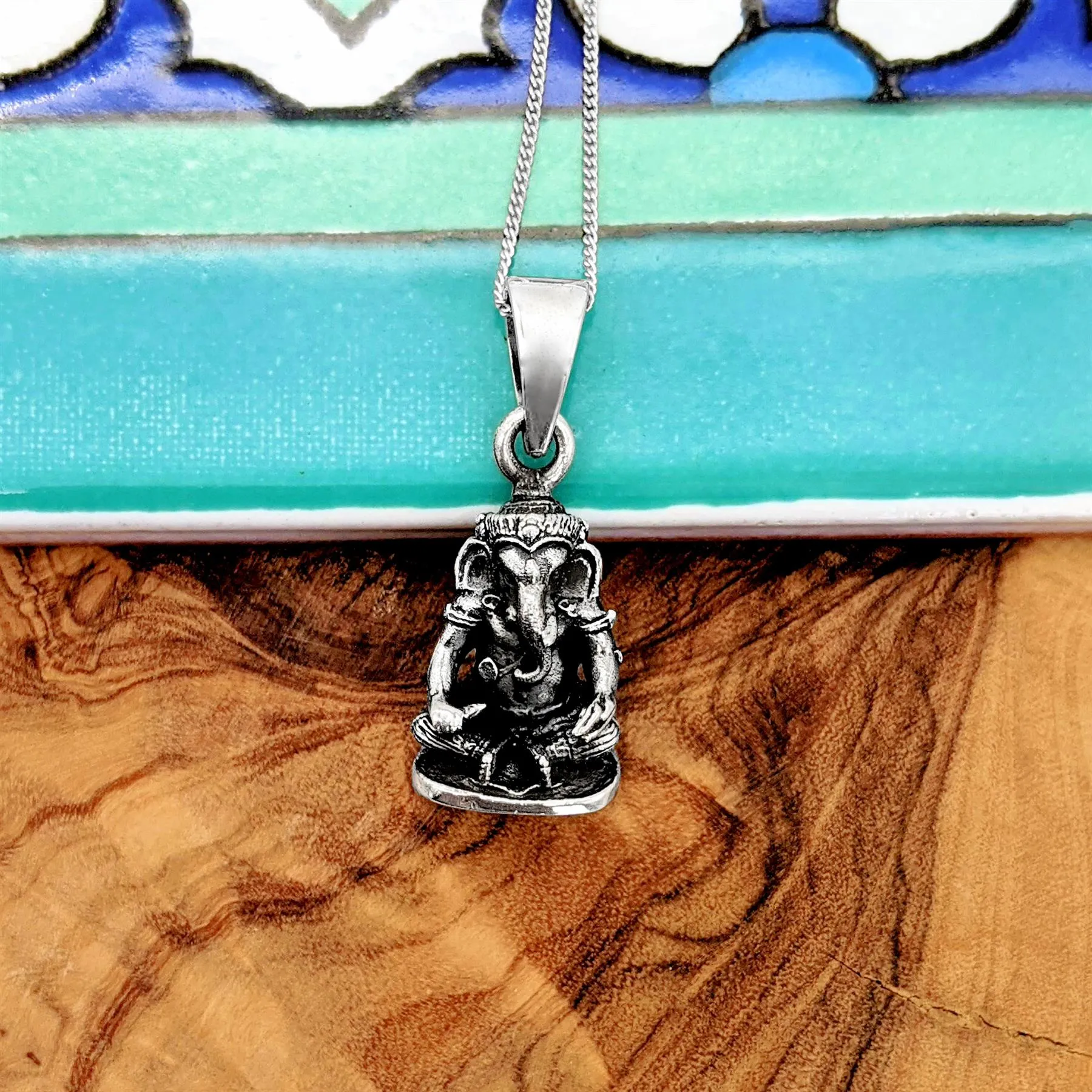 Sterling Silver Seated Ganesh Pendant Necklace - Hindu God Design