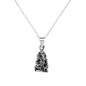 Sterling Silver Seated Ganesh Pendant Necklace - Hindu God Design