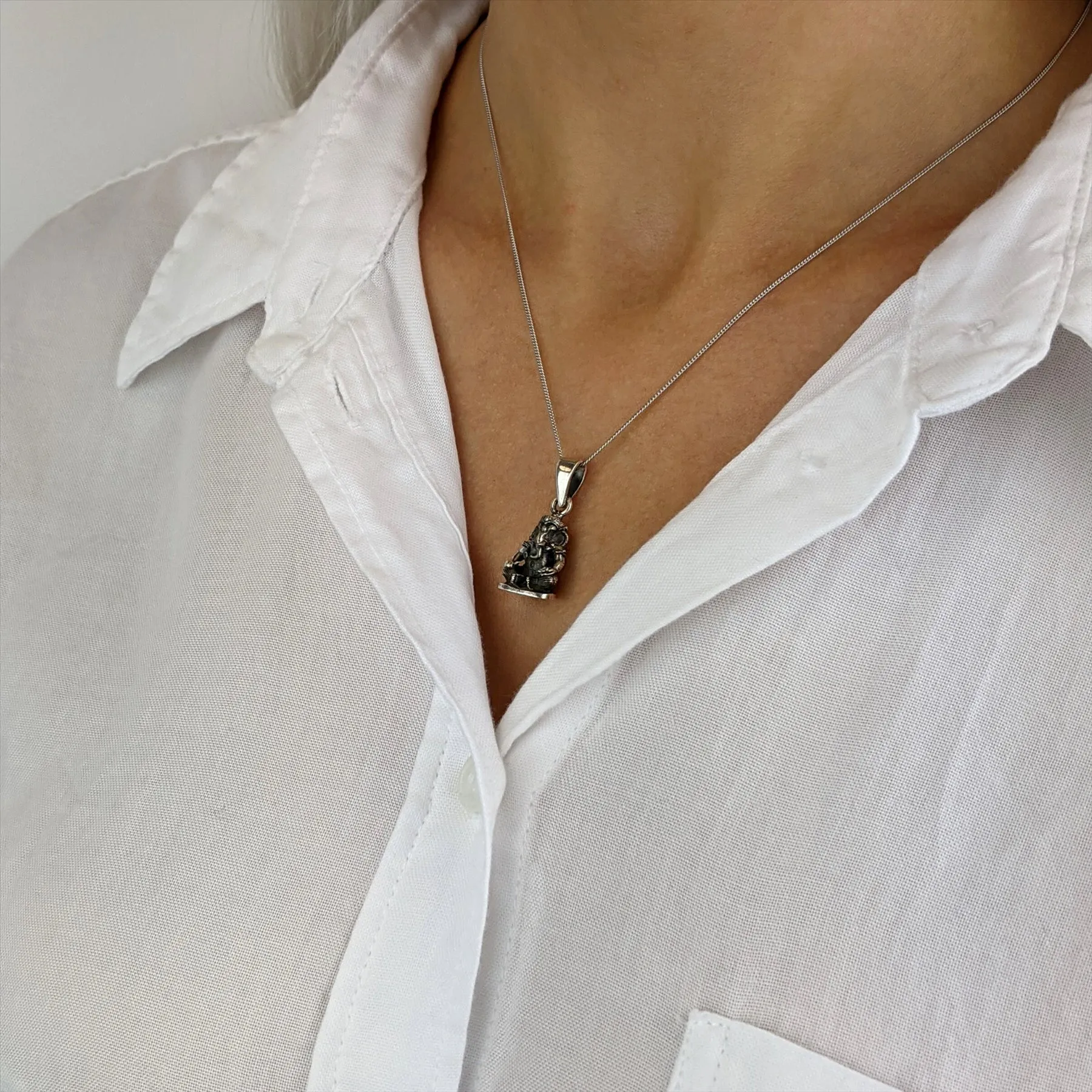 Sterling Silver Seated Ganesh Pendant Necklace - Hindu God Design