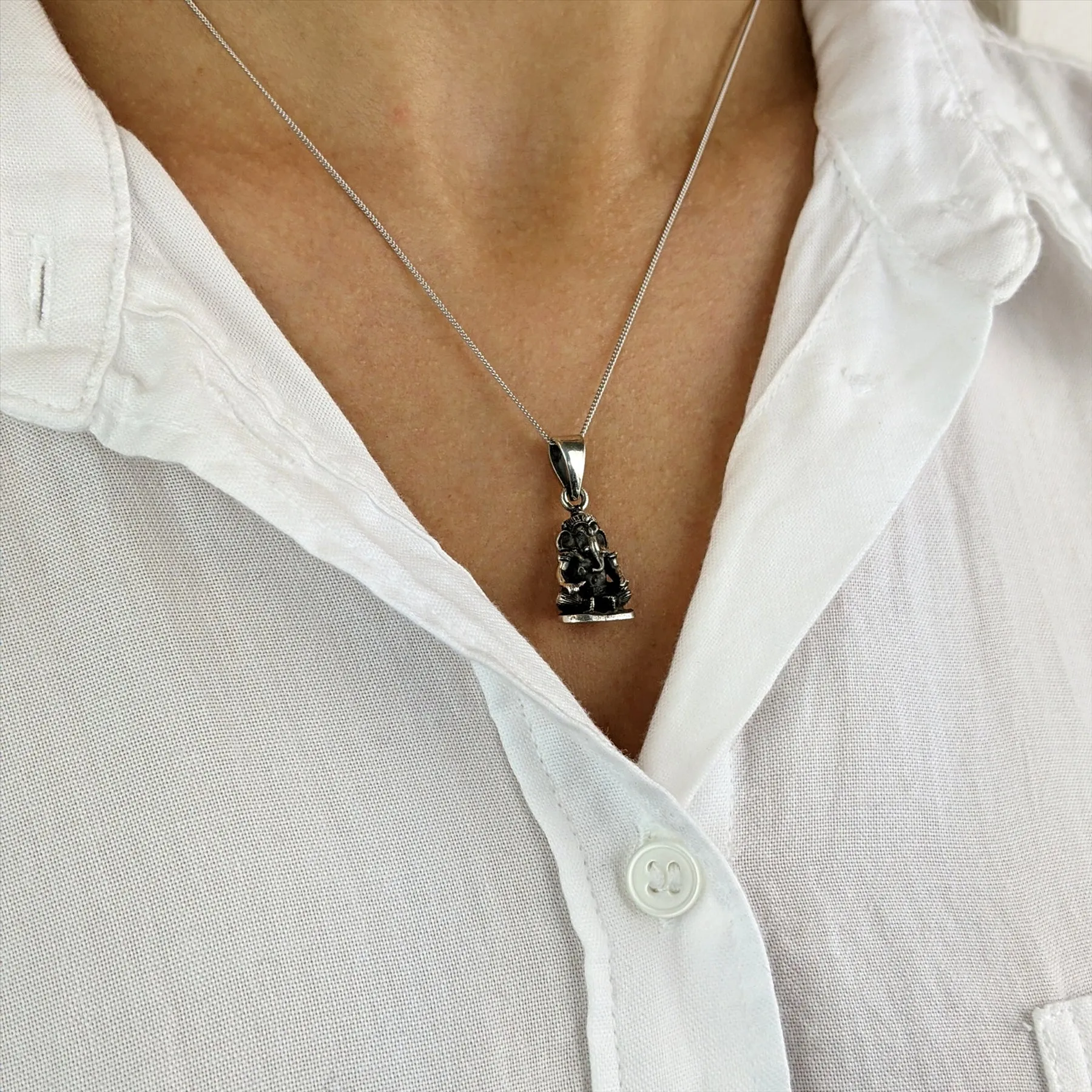 Sterling Silver Seated Ganesh Pendant Necklace - Hindu God Design