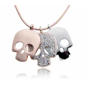 Triple Skull Pendant Necklace- Rose Gold Metal