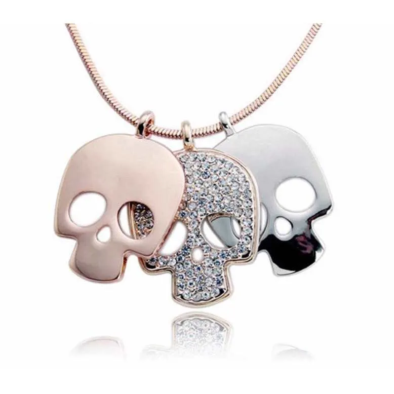 Triple Skull Pendant Necklace- Rose Gold Metal