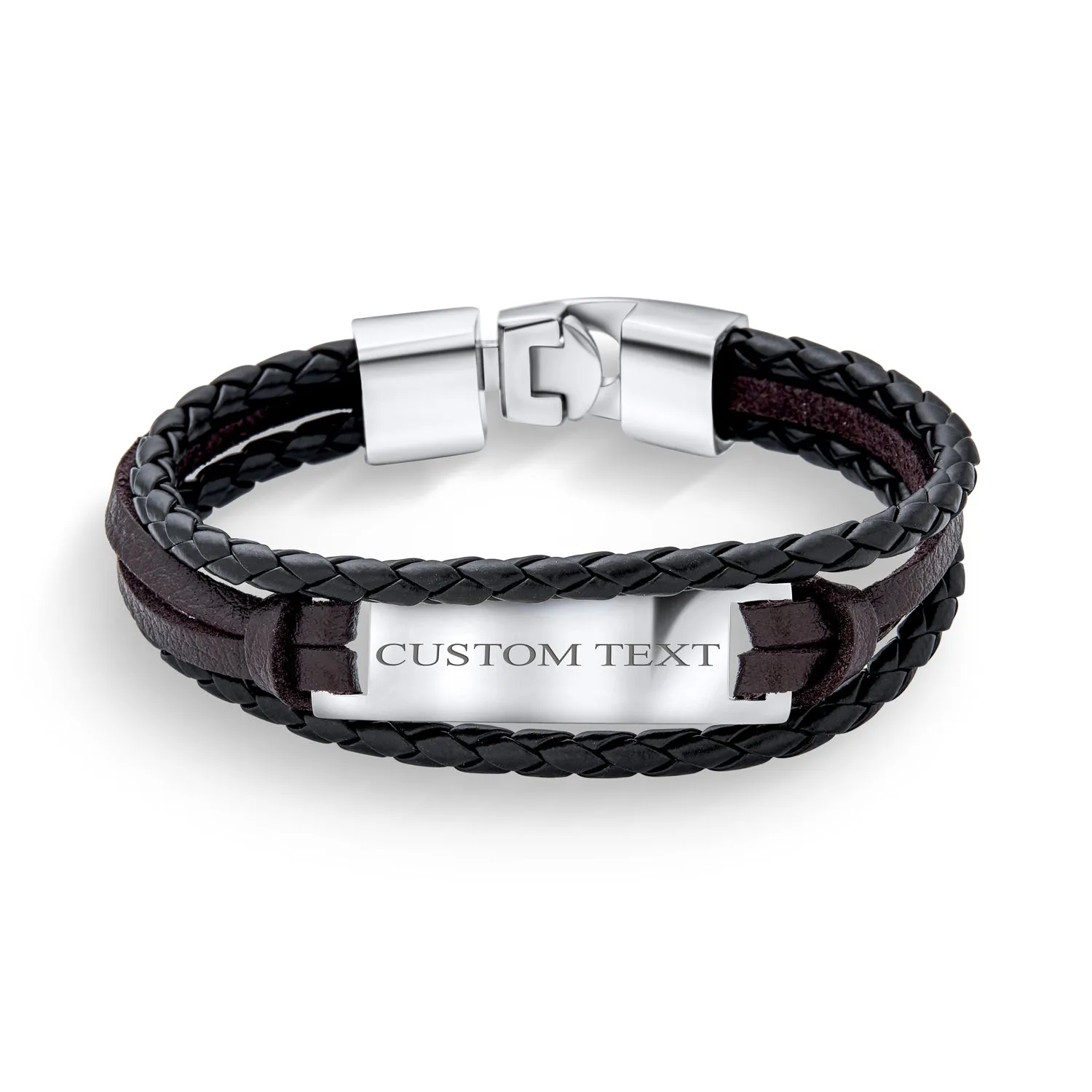 Unisex Black Rope Cord Brown Leather ID Bracelet for Men Silver Tone Stainless Steel