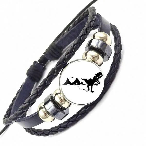 Vegan T-Rex Dinosaur Hide Glass Cabochon Braided Boho Bracelet 2 Options