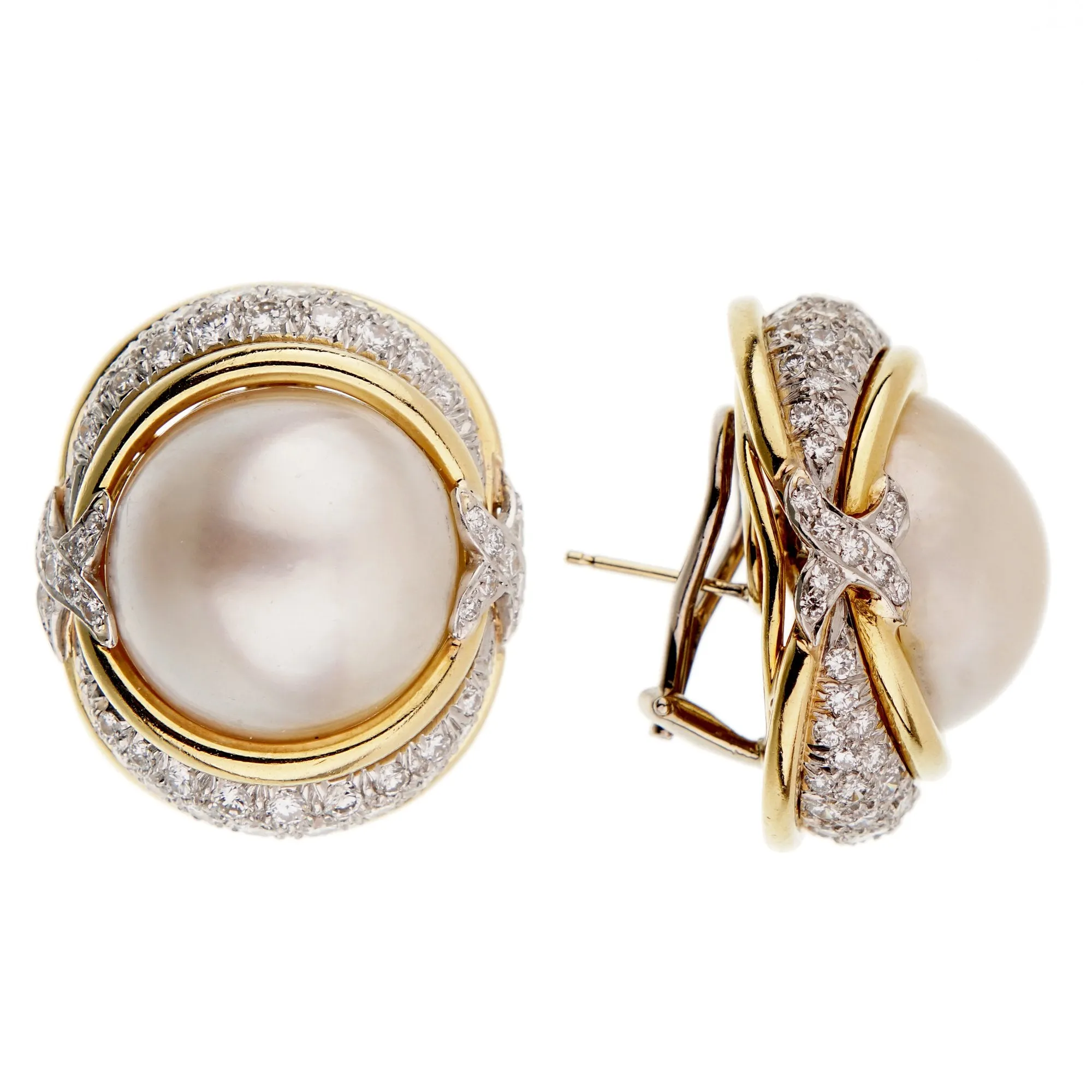 Verdura Pearl Diamond Yellow Gold Platinum Earrings