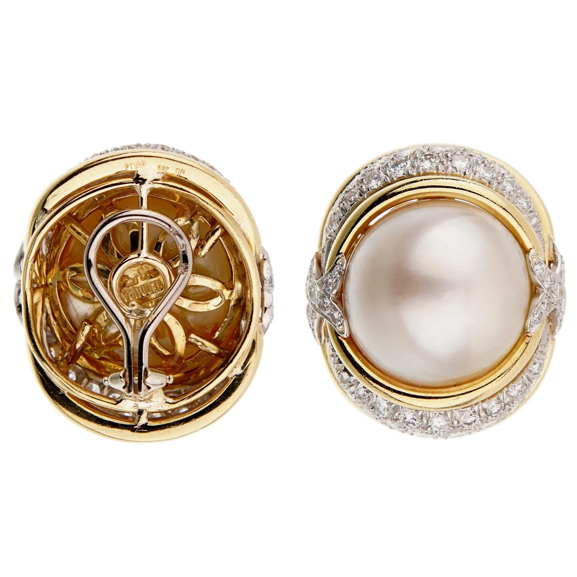 Verdura Pearl Diamond Yellow Gold Platinum Earrings