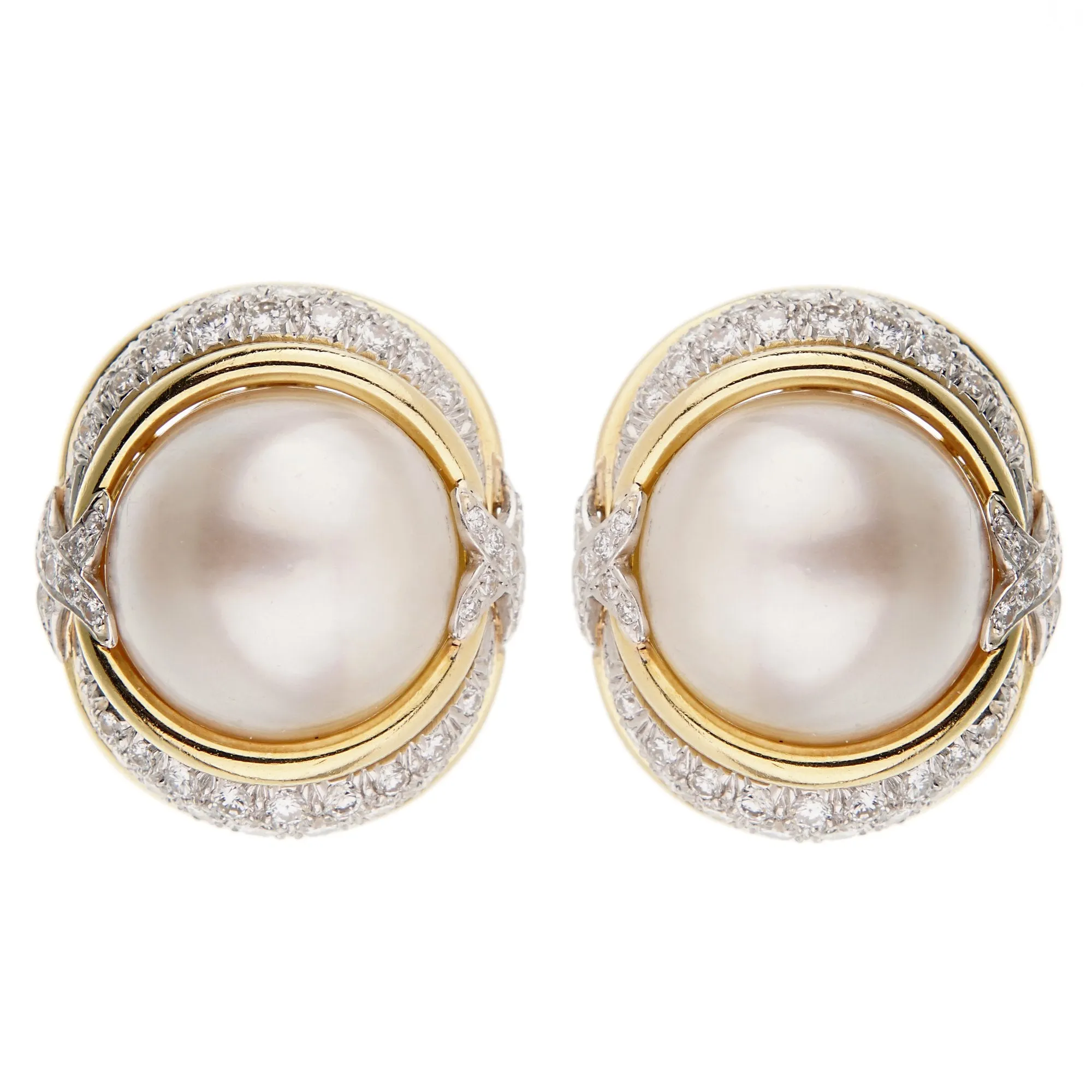 Verdura Pearl Diamond Yellow Gold Platinum Earrings