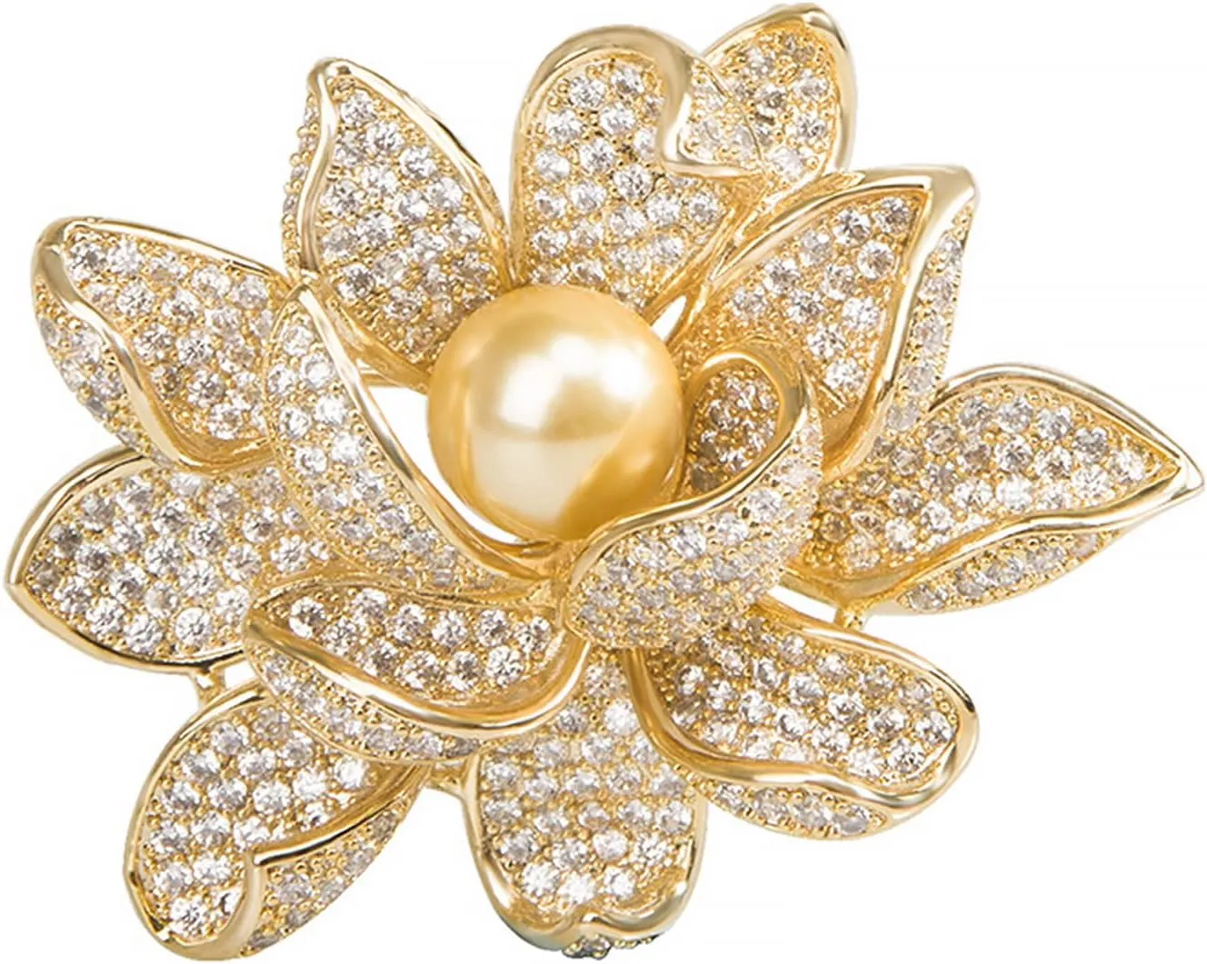 Vintage Lotus Flower Brooch Pin Gold Tone Brooches for Women with Imitation Pearl Zirconia Broach Jewelry