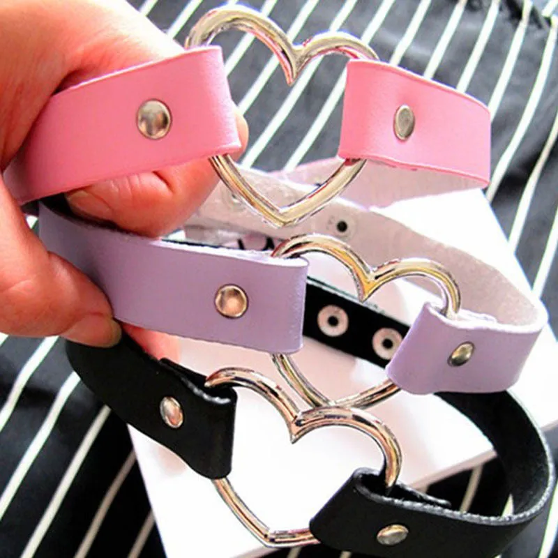 women Punk CHIC Rivet Handmade Chain PU Leather Heart Collar Choker Necklace fine jewelry lovely